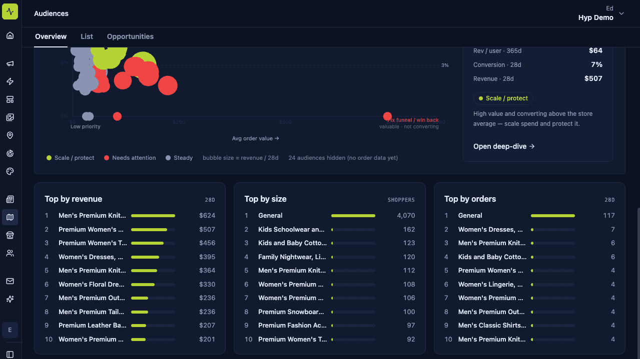 Hyp Audiences overview: every auto-generated segment plotted by value and conversion, with the top segments by revenue, size, and orders.