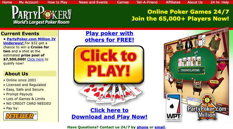 A screenshot of the Partypoker.com website in 2005